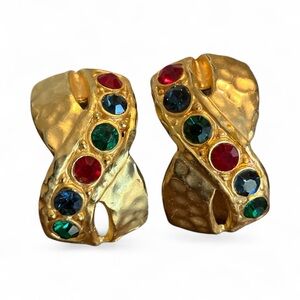 Red Blue Green Jewels Hammered Gold Tone “X” Vintage 80s Clip On Earrings